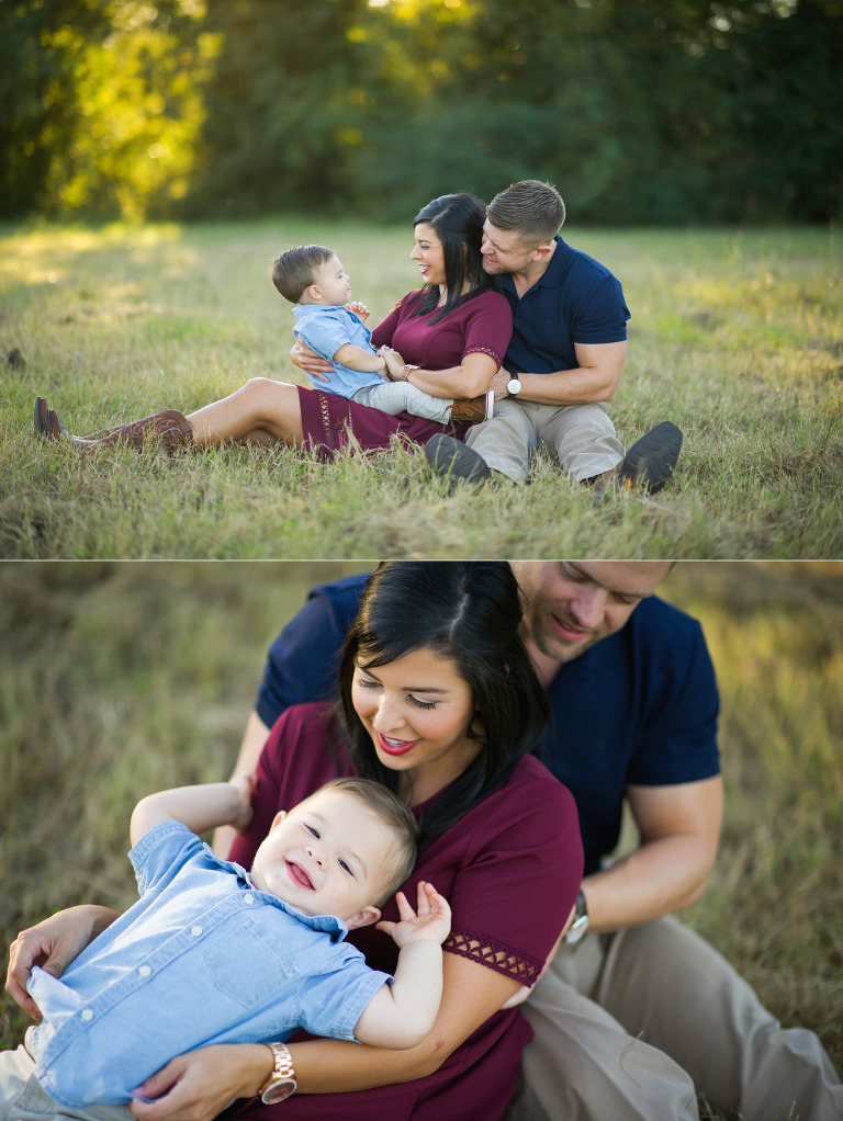 Baby giggling while being held by mom, Houston family session.
