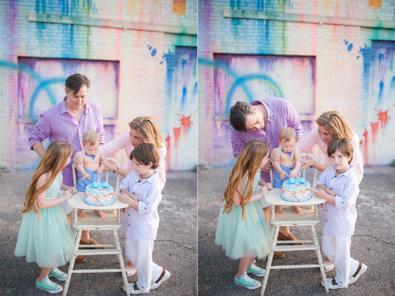 Family of five celebrating cake smash in Houston.