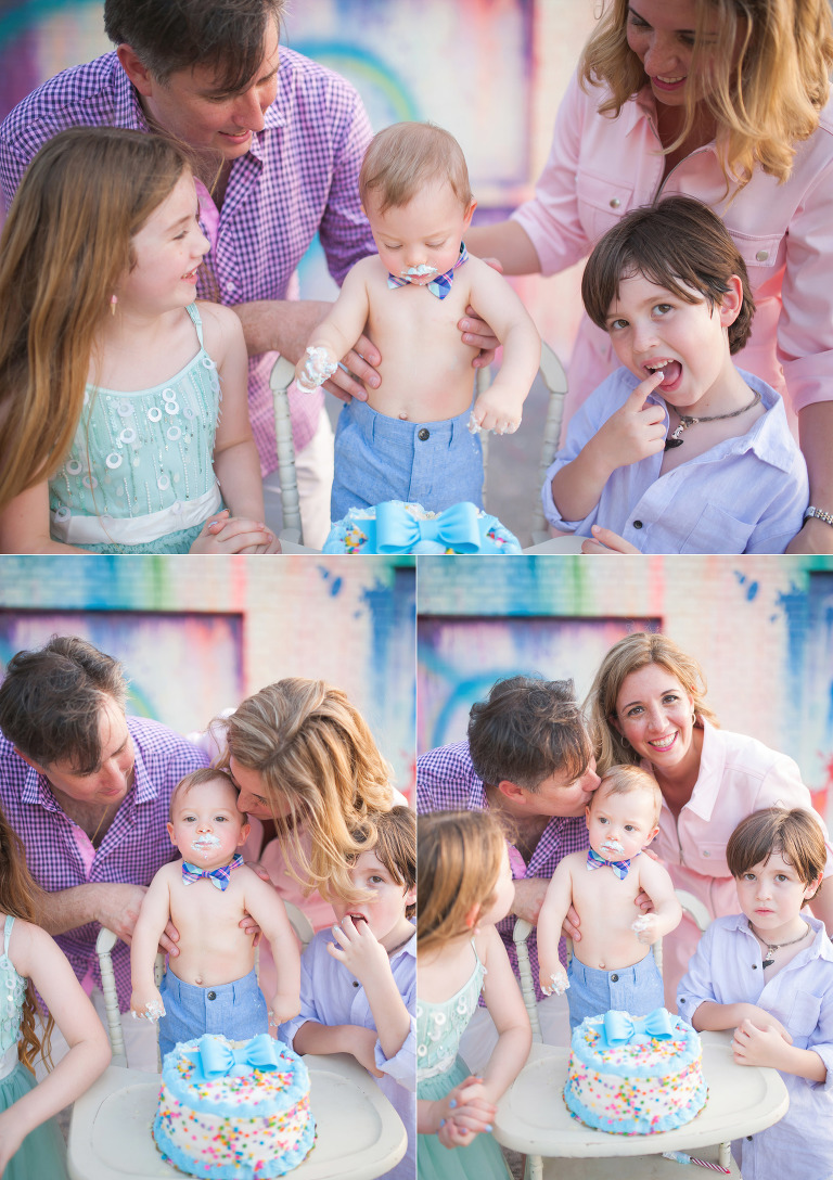 Kisses and tasting at a smash cake session Downtown Houston Photography.