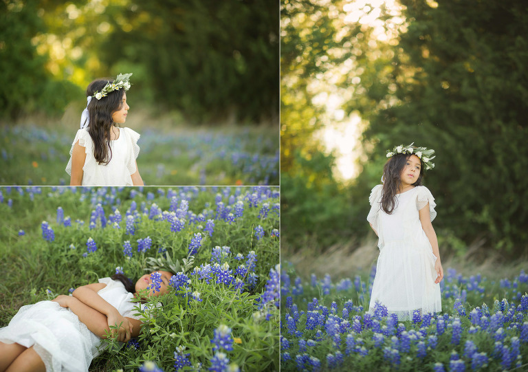 Flora crown child in a field of bluebonnets. 