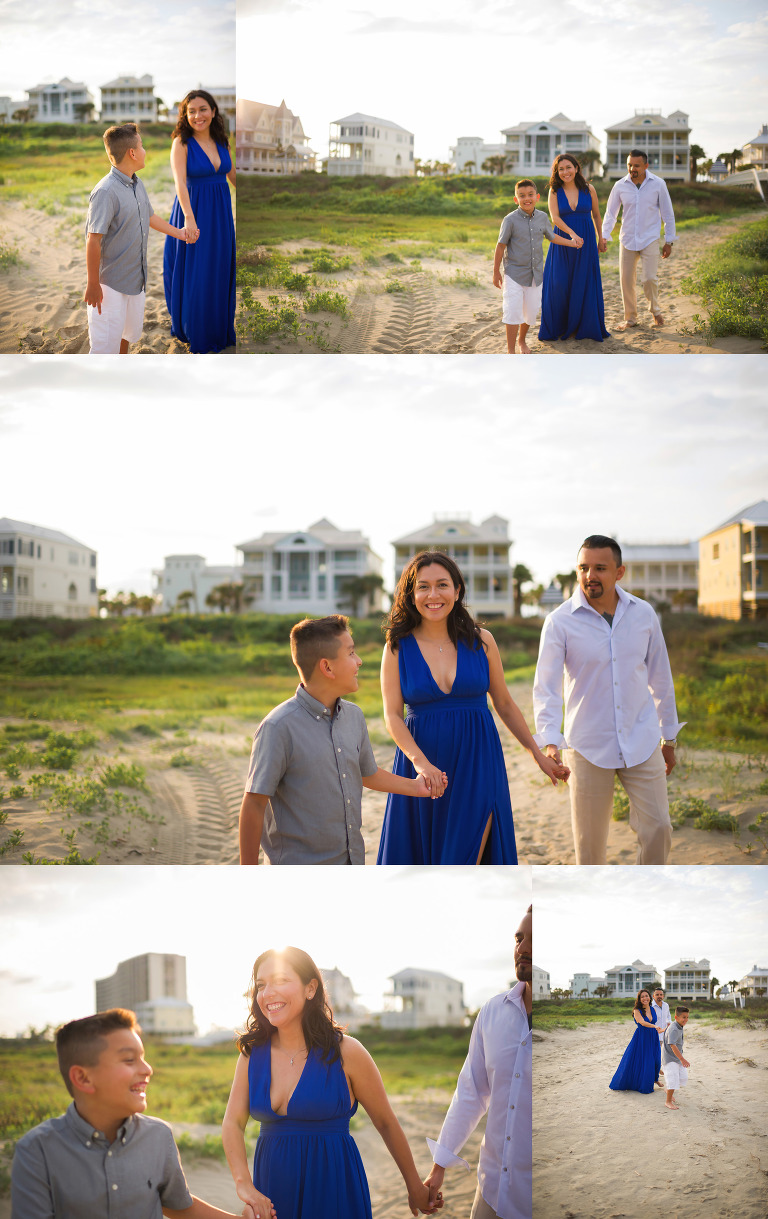 Walking down to Galveston Beach in a blue dress.